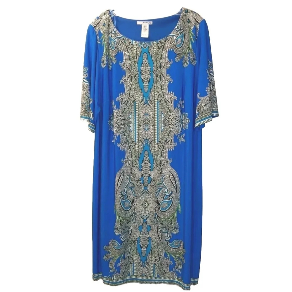 Studio One NY Paisley Dress Sheath Blue Stretchy Spring Casual Boho Artsy Sz 2X